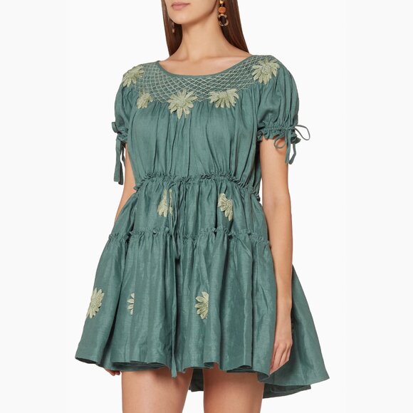 Innika Choo Green Mini Smock Embroidered Dress, One size only - Picture 1 of 16